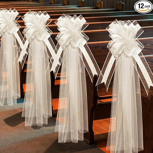 12 Set Large Wedding Pew Bows with Long Tulle Tails Church Chair Aisle Decorations Wedding Car Decoration Big Bows for Bridal Shower Reception Birthday Anniversary (Champagne)