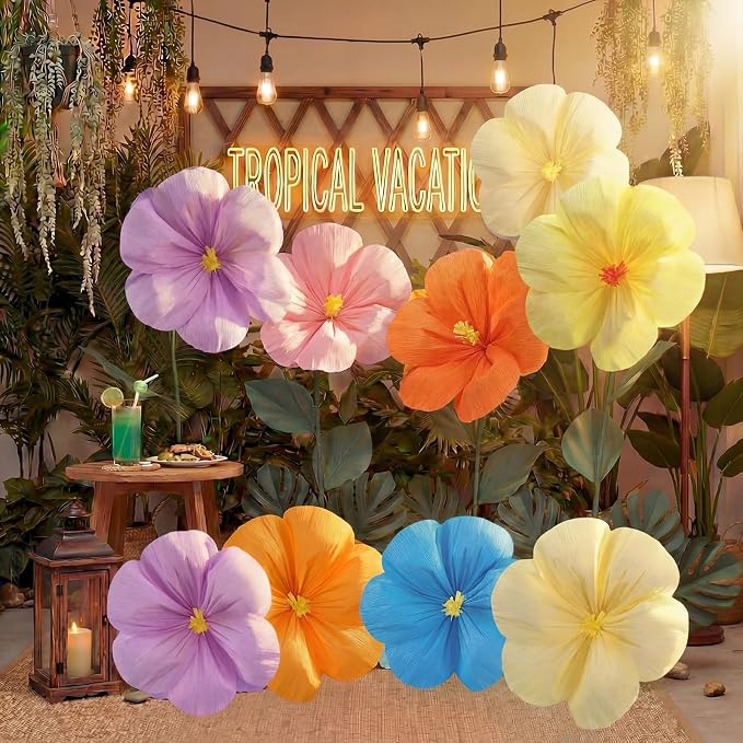 Giegxin 6 Pcs 12'', 16'' Large Hawaiian Hibiscus Paper Flowers Decorations for Wall Summer Luau Tissue Flowers Classroom Wedding Tropical Crepe Floral for Bridal Shower Mexican Fiesta Summer Birthday