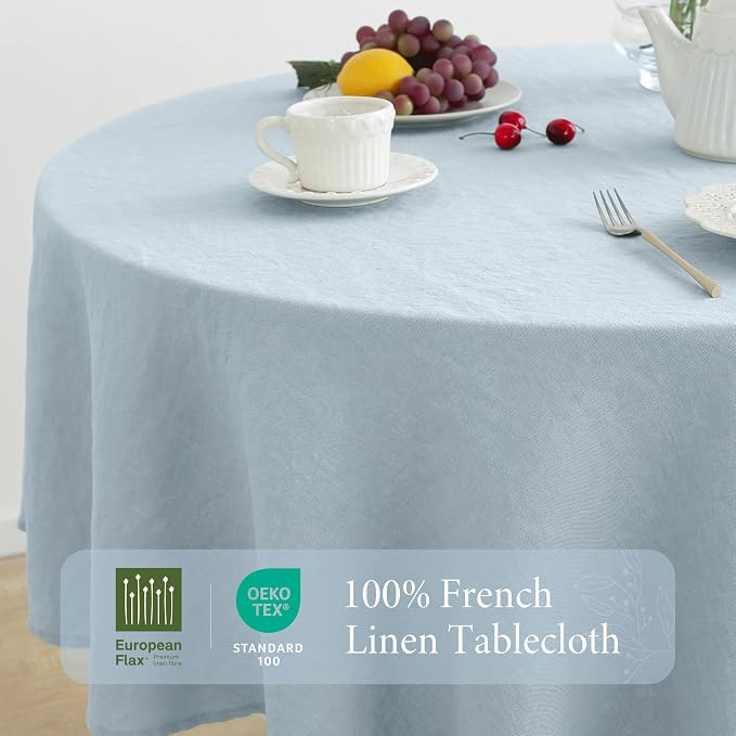 Linen World Blue Linen Tablecloth - 100% French Linen Round Tablecloth 70" Inch,Washable Natural Tablecloth for Dining,Outdoor,Weddings and Restaurants,Decorative Thanksgiving Christmas - Mist Blue
