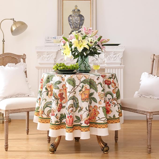 patdrea Vintage French Linen Tablecloth,Round,Diameter 55"-Santiago A | Elegant Print Table Cloth for Round Table,Colorful Floral Patterned,for Dining Room Tea Party Vender Banquet