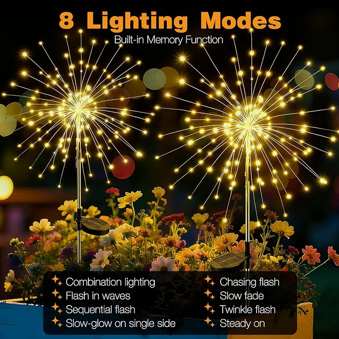 btfarm 1 Pack Solar Garden Lights Outdoor, 8 Modes Firework Lights Solar Powered, Waterproof Twinkle Fairy Light Outside for Yard Patio Pathway Pool Christmas Party Decorative, Warm White