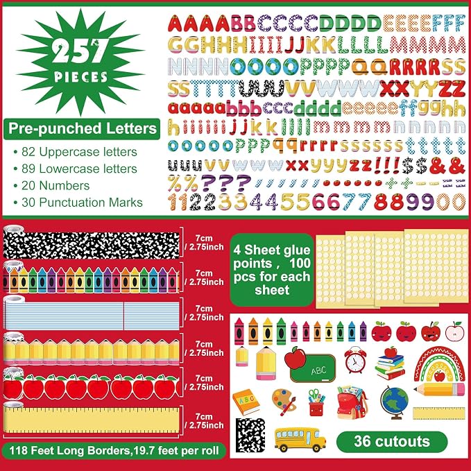 Kosiz Back to School Bulletin Board Decoration Set 118 ft Scalloped Bulletin Board Borders Classroom Poster Border Trim with 257 Pcs Letter Number Symbol Cutout for School Decor