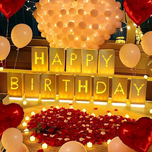 Happy Birthday Light Up Letters, Rose Petals LED Tea Lights Candles Latex Foil Balloons, Paper Luminary Bags for Men Women Birthday Party Decorations