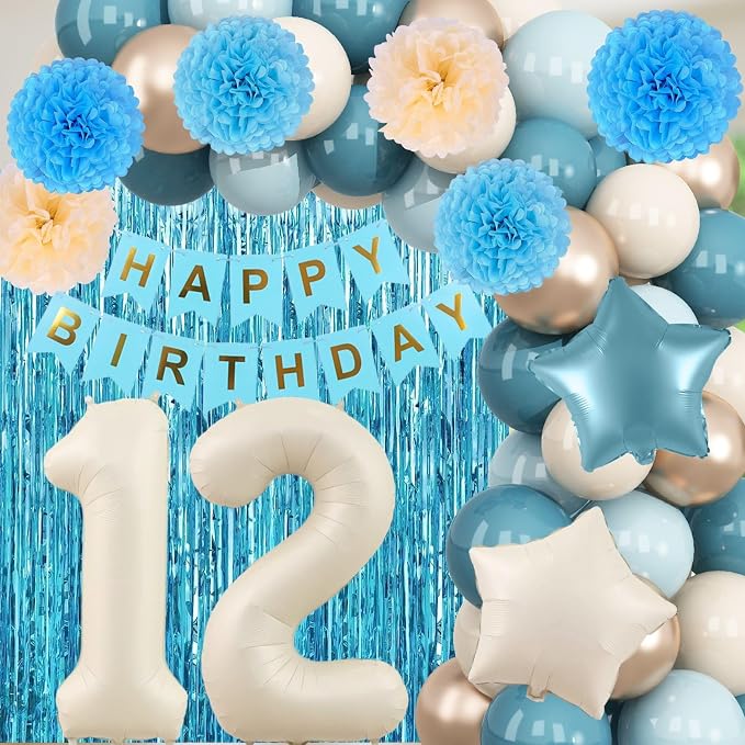 Dusty Blue 12th Birthday Party Decorations Boys Girls Beige Cream Number 12 Balloon with Blue Gold Happy Birthday Banner Fringe Curtain Paper Pom Poms Nude White Sand Champagne Star Foil Balloons