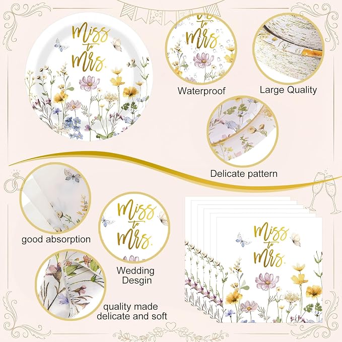 LemonRoad 452 Pcs Miss to Mrs Floral Bridal Shower Decorations for 50, Wildflower Bridal Shower Paper Plates Napkins Cups Tablecloth Cutlery Straws for Wedding Bachelorette Engagement Party Supplies