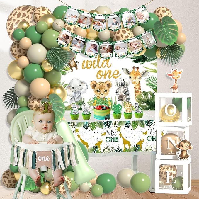 Wild One Birthday Decorations - Number 1 Balloons Sets for 1st Birthday Decorations with Sage Green Balloons Arch Kit ONE Box Jungle Safari Boys First Birthday Decor One Birthday Party Supplies