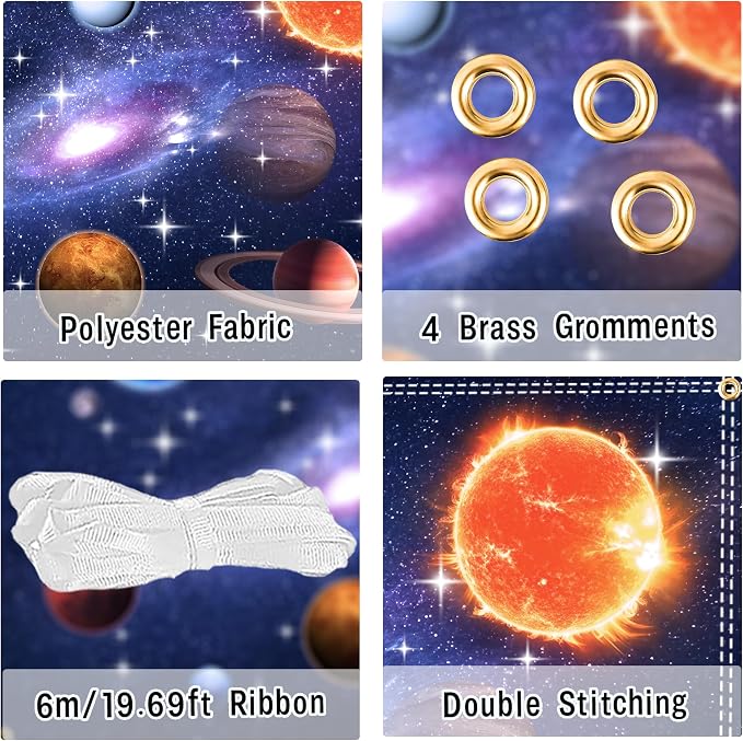 7x5FT Outer Space Backdrop with Ribbon – Galaxy Planet Space Backdrop for Boys Girls Birthday Party Decorations, Starry Sky Photography Background with Brass Grommets & Double Stitching