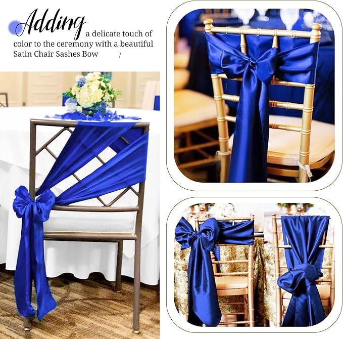 Pesonlook 60 PCS Royal Blue Satin Chair Sashes Bows Satin Chair Sashes Universal Chair Cover for Wedding Reception Restaurant Event Decoration Banquet,Party,Hotel Event Decorations (7 x 108 inch)