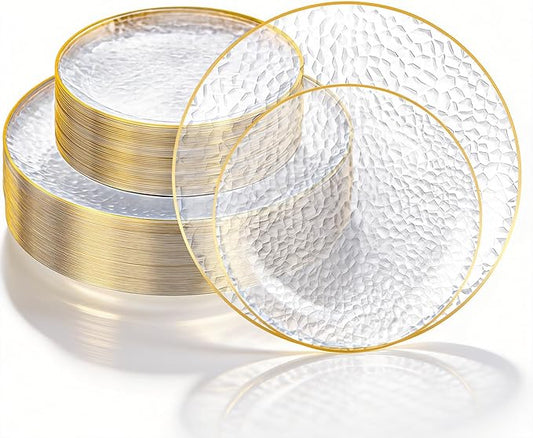 Lullaby 100PCS Clear Plastic Plates with Gold Rim, Includes 50pcs Dinner Plate 10” and 50pcs Dessert Plate 7”, Disposable Heavyduty Plates for Birthdays, Parties and Wedding