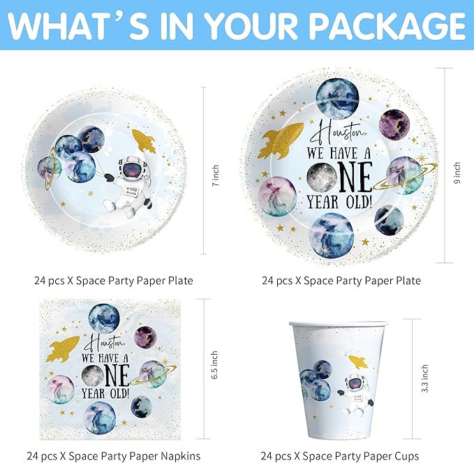 Outer Space First Birthday Party Supplies, Space 1st Birthday Decorations Tableware, Paper Plate, Cup, Napkin, Tablecloth, Cutlery, Houston We Have a One-Year-Old Party Supplies | Serve 24
