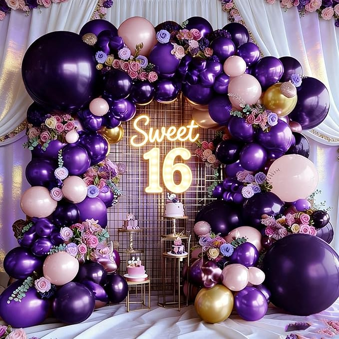 Purple and Gold Balloons Double Stuffed Royal Purple Pink Balloon Garland Kit with Artificial Flowers Balloon Arch for Baby Shower Aniversary Sweet 16, Bridal Shower and Birthday Decoration