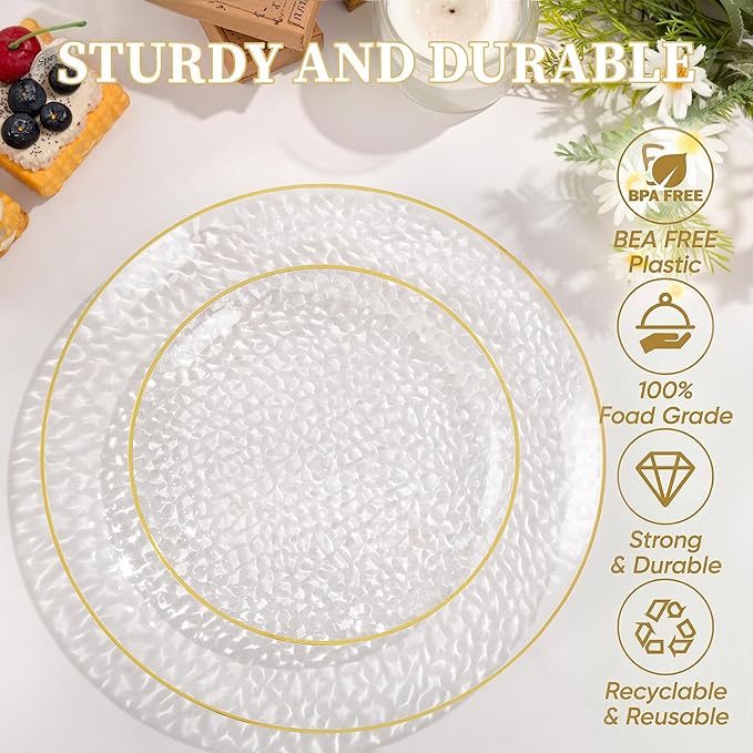 I00000 150Pcs Clear Plastic Plates with Gold Rim,Clear Disposable Plates with silverware,Gold hammer patterned plates Set include 30 Dinner Plate,30 Dessert Plate,90 Silverware Set for Party