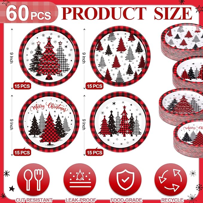 Funnymoom 60 Pcs Red Christmas Paper Plates 9 Inch Xmas Buffalo Plaid Tree Snowflake Disposable Plates Merry Christmas Tree Themed Tableware for Holiday Xmas Winter Party Decorations Supplies
