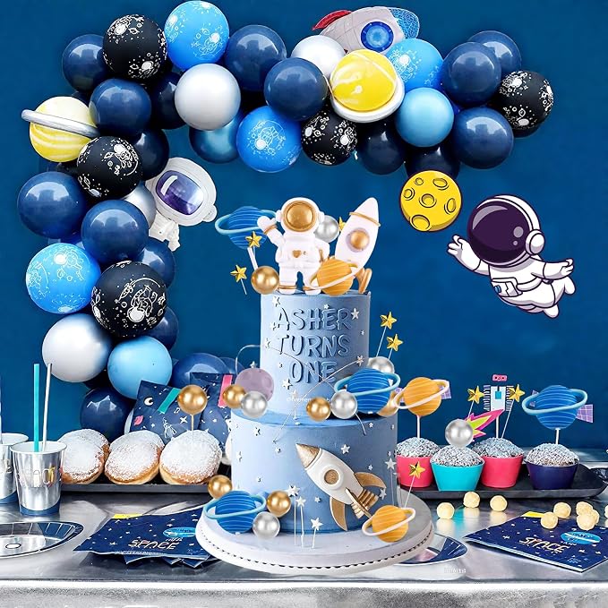Space Theme Cake Topper 20Pcs Outer Space Cake Decoration Astronaut Figurine Rocket Balls and Stars Spaceman Figures for Two The Moon First Trip Around the Sun Birthday Baby Shower