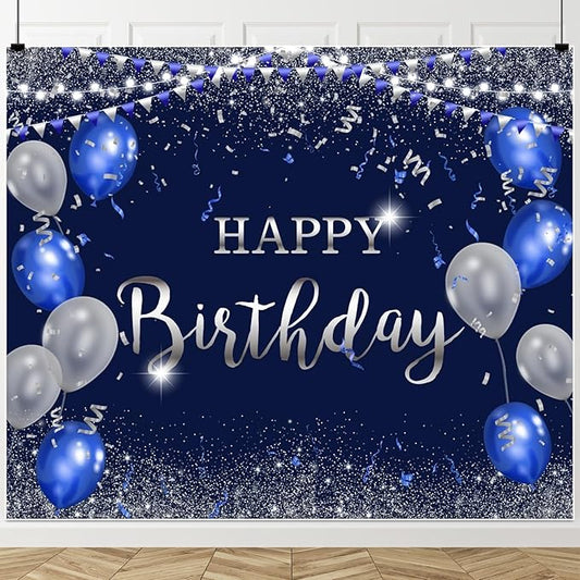 ChloropLastid Navy Blue and Silver Happy Birthday Backdrop 10x8ft for Women Men Girls Boys Birthday Party Decorations Banner Photography Background Happy Birthday Banner Decor Supplies