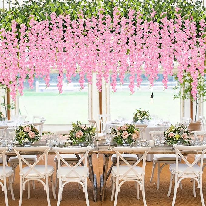 Pauwer Wisteria Hanging Flowers 24 Pack Fake Flower Garland Artificial Wisteria Vines Rattan Silk Flower String Wedding Party Wall Decorations,Pink