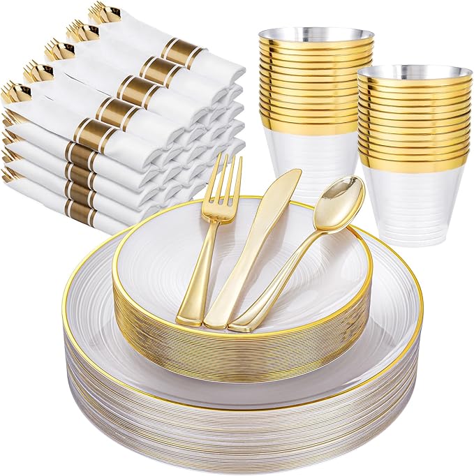 Morejoy 175PCS Pearl White and Gold Plastic Plates - Disposable Gold Party Plates & Pre Rolled Napkins with Cutlery for 25 Guests, 50Plates, 75Silverware, 25Cups, 25Napkin for Party & Mother's Day