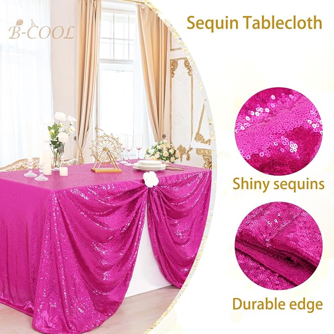 B-COOL Sequin Tablecloth Hot Pink Tablecloths Fuchsia Glitter Table Overlays 90x156inch Rectangle Glitz Tablecloth Sequin Fabric Tablecloth Pink Sequin Table Decorations