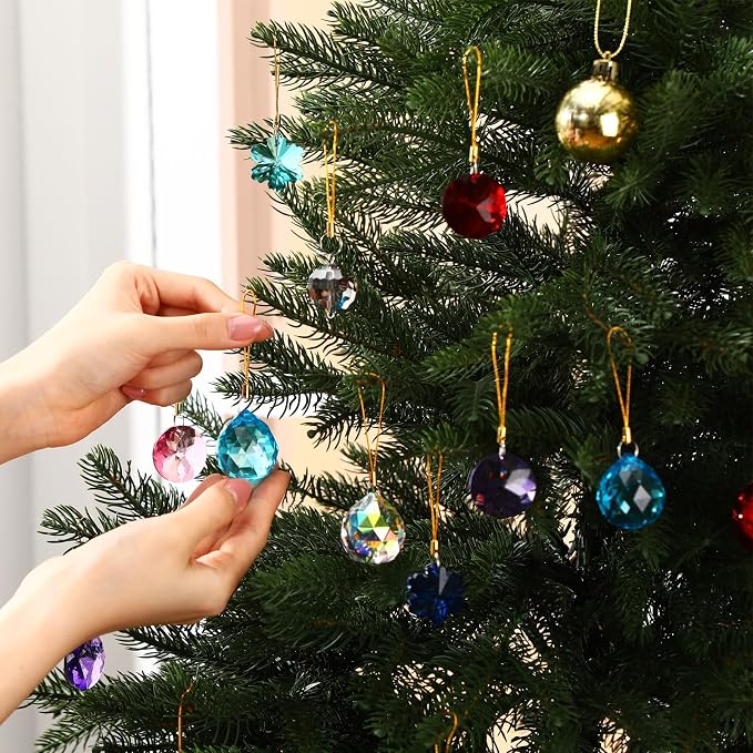 XunYee 36 Pcs Crystal Glass Christmas Balls Ornaments, 1.18" Mini Hanging Crystal Prism Xmas Tree Decorations Pendants for Home Wedding Birthday Party Holiday Decorations(Multi Color,Mixed Styles)