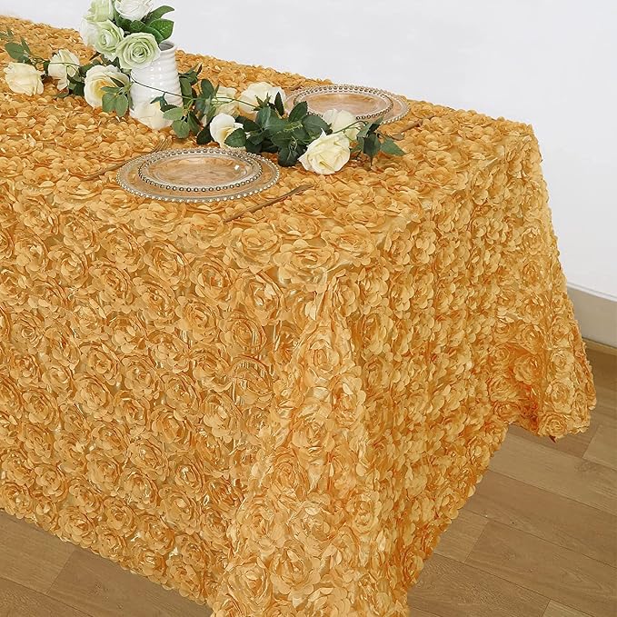 B-COOL Gold Tablecloth Rosette 90x132 Inch 3D Floral Wedding Table Fabric Rectangle Rose Satin Table Overlay for Birthday Wedding Anniversary Party Holiday Decorations