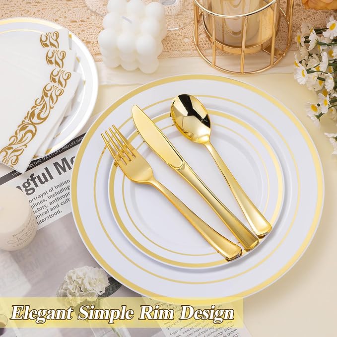 BESTSTAR 100PCS White Plastic Plates Set with Gold Rim, 50 10.25 inch Heavy Duty Dinner Plate and 50 7.5 inch Dessert Appetizer Plates, Premium Disposable Plates for Party, Wedding, Birthday