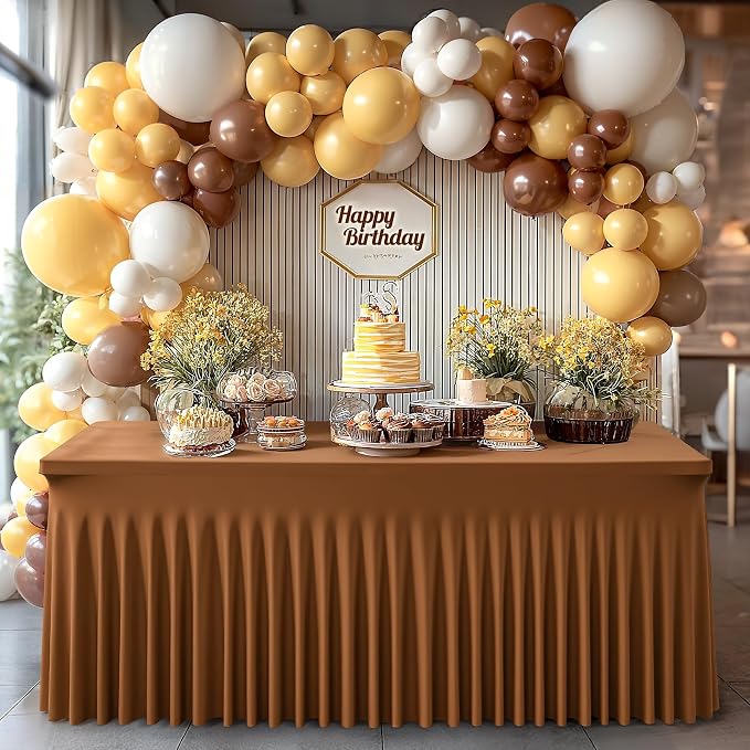 2 Packs Brown Spandex Tableclothes for 4 Foot Rectangle Tables, Wrinkle Free 4ft Fitted Table Cover Stretch Table Cloth Desk Skirt for Weddings Baby Shower Birthday Party Banquet Decorations
