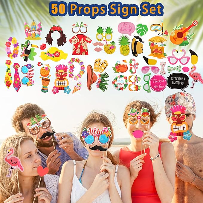Bulk Summer Hawaiian Photo Booth Props, Luau Photo Props, Funny Hawaiian Sunglasses, Tropical Fancy Dress Props, Photo Booth Props Sets for Hawaii/Tropical/Tiki/Summer/Beach Theme Party Supplies