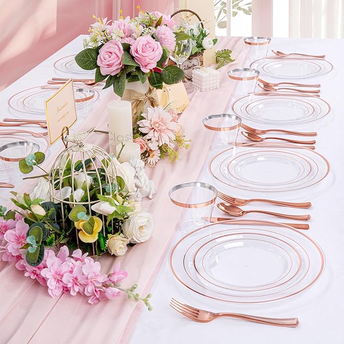bUCLA 300PCS Rose Gold Plastic Dinnerware - Clear Dinnerware Set Disposable Include 50 Dinner Plates,50 Dessert Plates,50 Knives,50 Forks,50 Spoons,50 Cups for Party, Wedding & Mother's Day