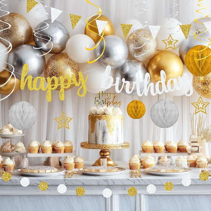 Gold and Silver Birthday Party Decorations Set - Happy Birthday Banner Balloons Foil Curtains Hanging Swirls for Men Women Birthday Party Supplies