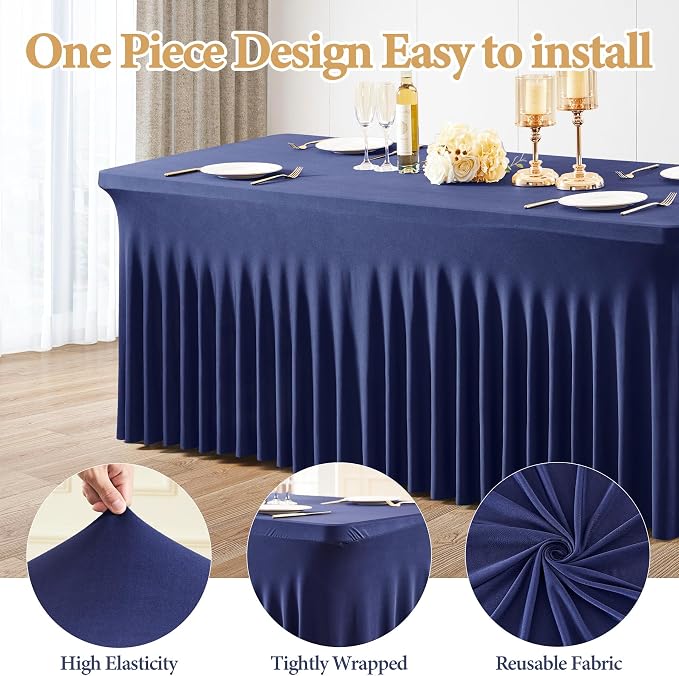 2 Packs Navy Blue Spandex Table Clothes for 4 Foot Rectangle Tables - Stretch Covers 4FT Skirts for Event, Wedding, Banquet & Parties - Wrinkle Free Fitted