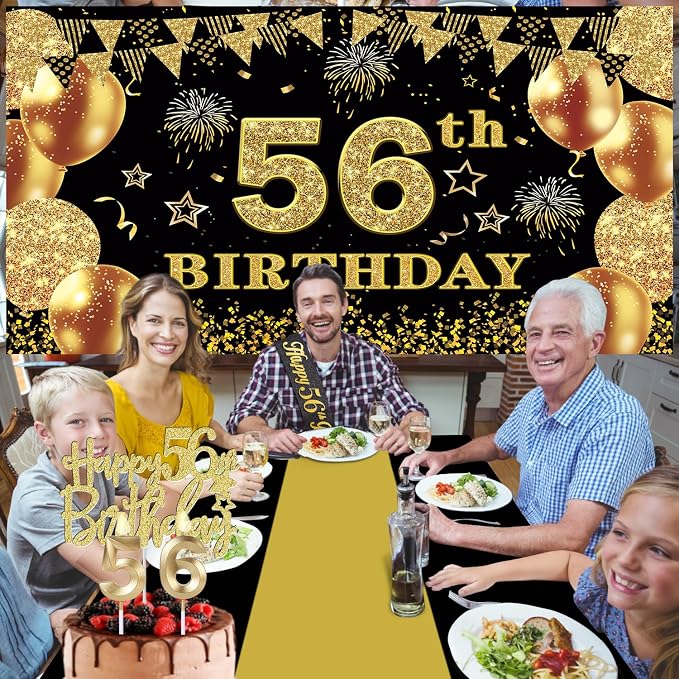 56th Birthday Decorations Men Women with 56th Birthday Banner, Black and Gold Table Cloth, Number Balloons, Large Sash, Cake Topper and Candles