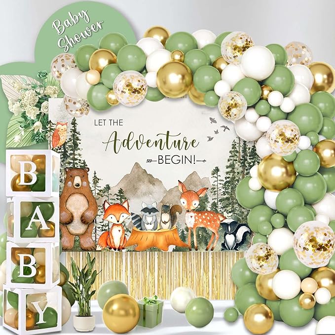 140PCS Woodland Adventure Baby Shower Decorations, Let The Adventure Begin Mountain Baby Shower Supplies, Sage Green Balloon Garland Kit, BABY Boxes, Backdrop Banner