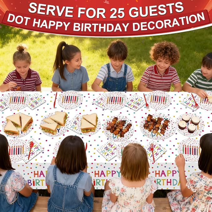 203 Pcs Happy Birthday Decorations: Party Supplies Set with Dots Design- Includes Disposable Paper Birthday Plates and Napkins, Cups, Tablecloth, and Banner for Boys/Girls, Serves 25