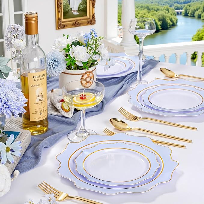 WDF 100PCS Blue Plastic Plates - Light Blue Plates Disposable - Heavy Duty Scalloped Plastic Plate for Parties/Wedding/Baby Shower