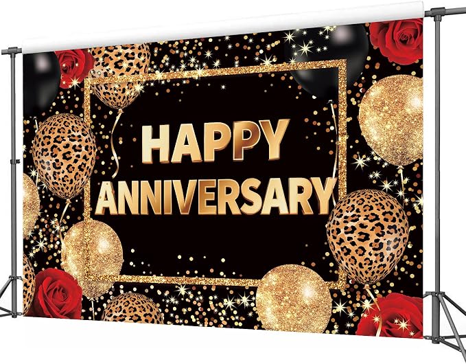 Leopard Print Happy Anniversary Backdrop 7Wx5H Feet Polyester Fabric Black Gold Red Cheetah Print Decoration Balloon Rose Cool Party Celebration Photography Background Photo Shoot Props