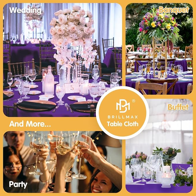 BRILLMAX 4 Pack Purple Round Tablecloths 132 Inch for 72” Tables - 150 GSM Polyester Fabric, Floor Length Drop, Water, Stain & Wrinkle Resistant Cloth Cover for Wedding Reception Banquet Dining