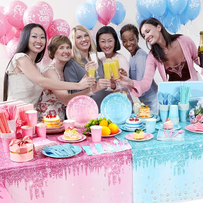 Potchen 452 Pcs Party Supplies Serve 50 Guests, Paper Plates Napkins Cups Cutlery Plastic Tablecloth Dinnerware for Birthday Wedding Party Decoration(Pink and Blue, Gender Reveal)