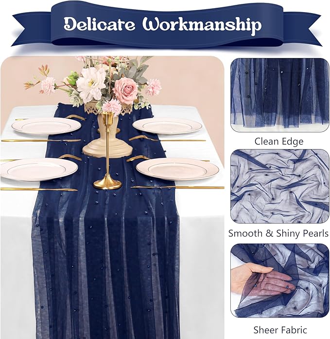 12 Pack 10FT Pearl Table Runner 30x120 Inch Navy Blue Tulle Fabric Boho Rustic Sheer Table Runners Lace Table Cloth for Wedding Bridal Shower Birthday Party Arch Veil Dessert Table Decor (Navy Blue)