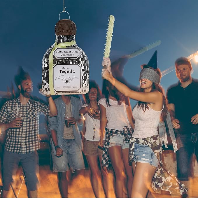 Tequila Bottle Pinata, Silver, Perfect for Birthday Parties, 10.5 x 10.5 x 4 Inches, 5 Pound Capacity, Adult-Party Pinata