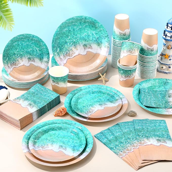 Funnymoom 250 Pcs Beach Party Decoration Ocean Waves Paper Plates Napkins and Cups Nautical Sea Shore Ocean Pool Party Tableware Set for Summer Beach Tropical Hawaii Birthday Decorations, Serves 50