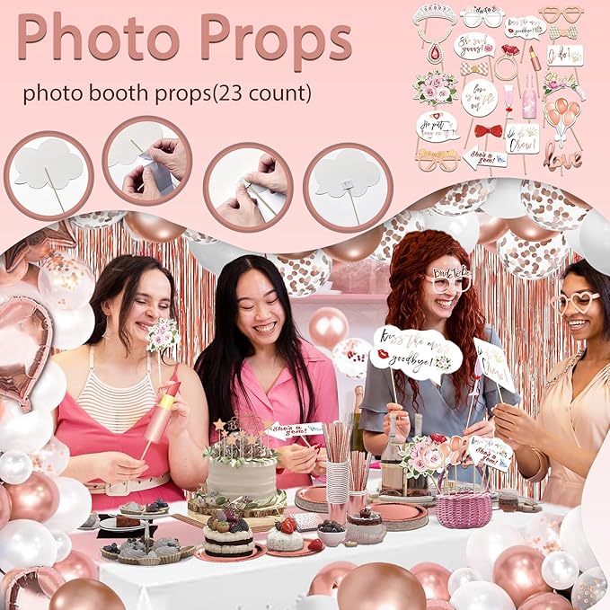 LFSTGN 274 Pcs Rose Gold Bridal Shower Decorations, Bachelorette Party Decorations Favors - "BRIDE TO BE" Banner, Veil, Balloon, Photo Props, Tableware with Rose Gold for 25 Guests