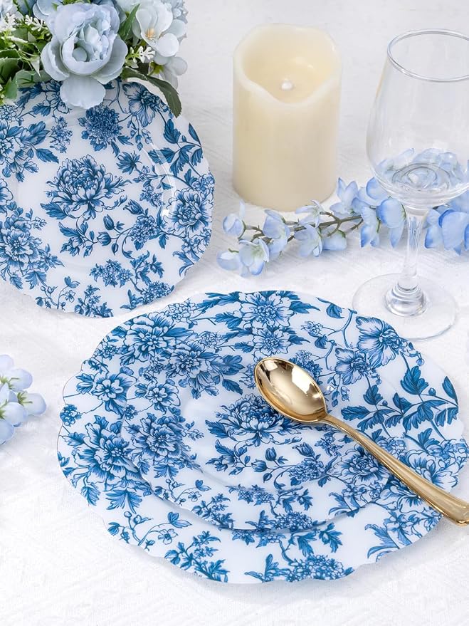 WDF 20PCS Blue Plastic Plates - Baroque White and Blue Plates - Chinoiserie Floral Party Decorations for Birthday/Tea Party/Spring