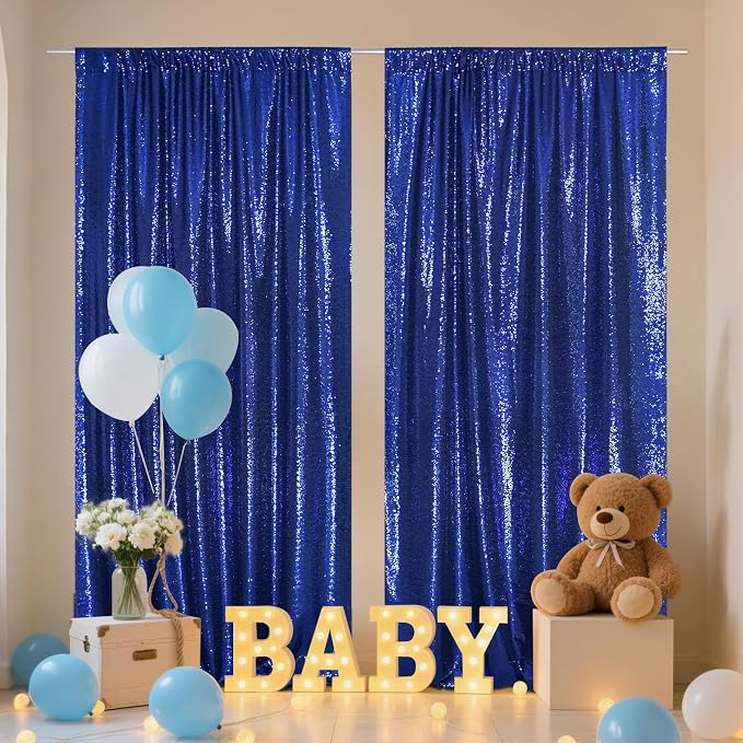 SquarePie 2 PCS 4x10ft Navy Blue Sequin Backdrop for Photography, Extra Long Satin-Backed Real Sequin Curtain, High-Density Shimmering Background with 4" Rod Pocket for Wedding Ceremony, 2 Panels