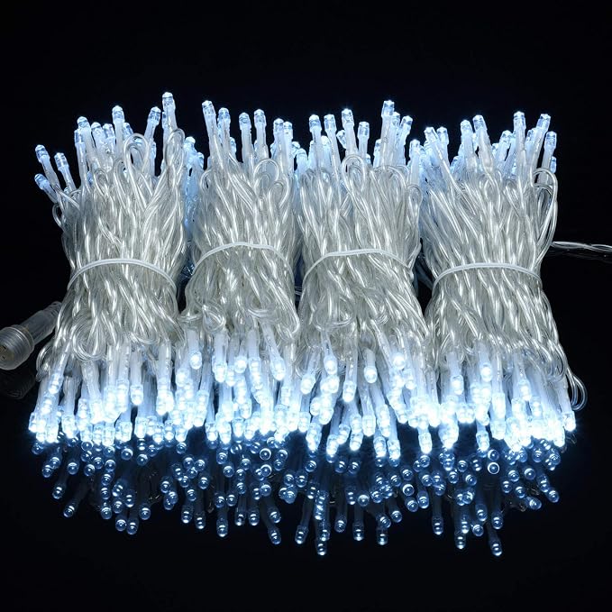 YULETIME 300 Cool White String Lights, 100 ft 8 Models Clear Wire 5mm LED | Wide Angle Bulbs, Safe 29V Adapter, Multimode Lighting, Connectable, 100' Total Length, 1-Strand 300 Lights, 4" Spacing