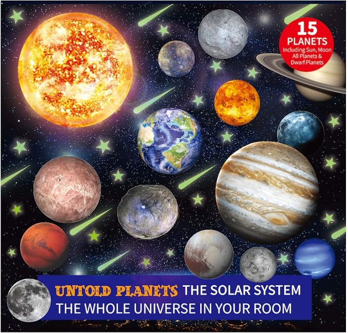 UNTOLD PLANETS 185+ PCS Glow in The Dark Stars and Planets 3D Realistic Ceiling Solar System for Kids Wall Stickers, All Glowing Planets Dwarf Pluto Moon Sun Galaxy Decor, Christmas Gift