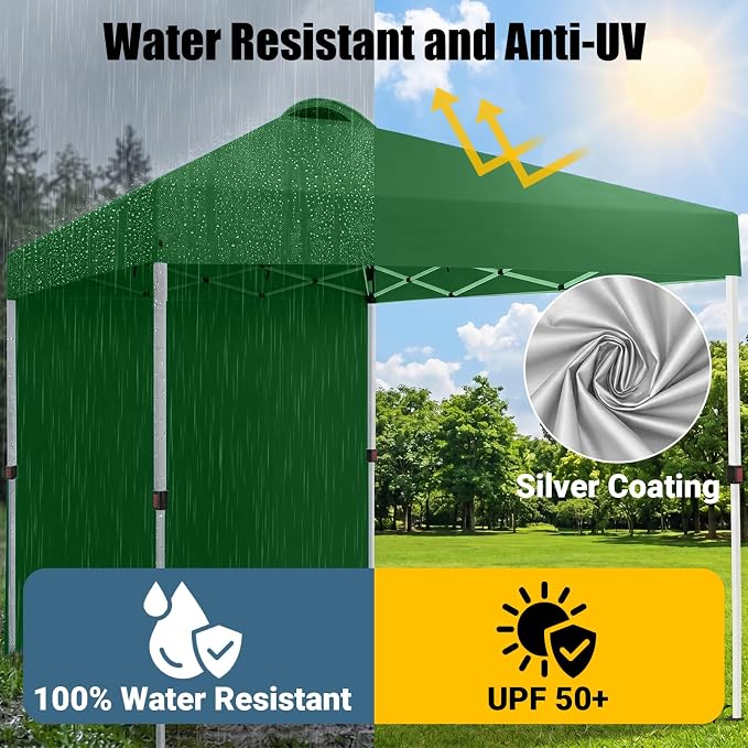 10x10 Pop Up Canopy Tent with One Sidewall, Instant Folding Outdoor Shelter with Air Vent, High Strength Steel Frame and Handheld Carry Bag for Backyard Party, Camping, Green