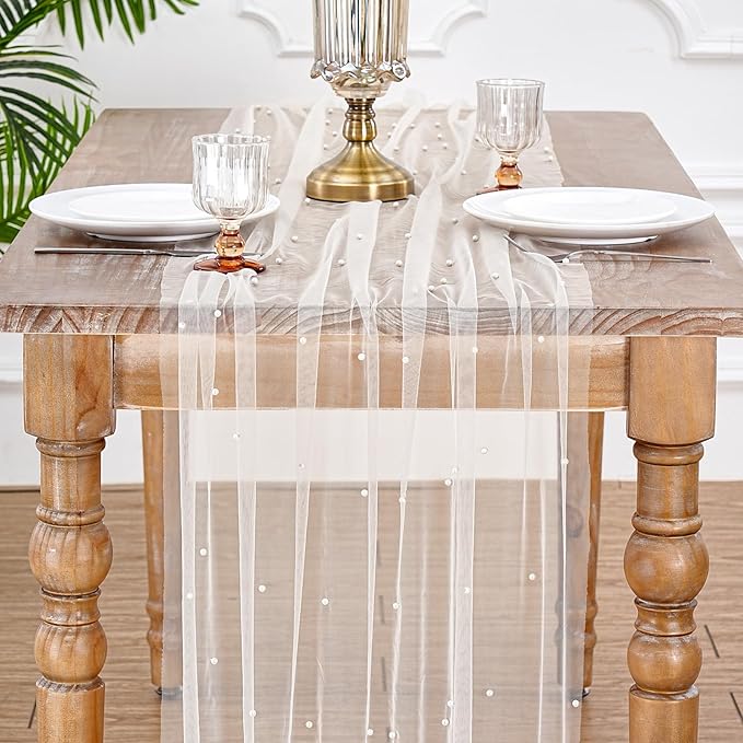 LuoluoHouse Pearl Beige Gauze Table Runner: 120 Inch 10FT Seasonal Sheer Dining Holiday Wedding Birthday Baby Shower Table Decor for Home Parties