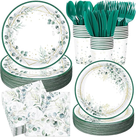 400 Pcs Sage Green Color Party Supplies Serve 50 Guests Eucalyptus Flowers Disposable Paper Plates Napkins and Cups for Bridal Baby Shower Birthday Wedding Party Decorations(Green,Fresh)