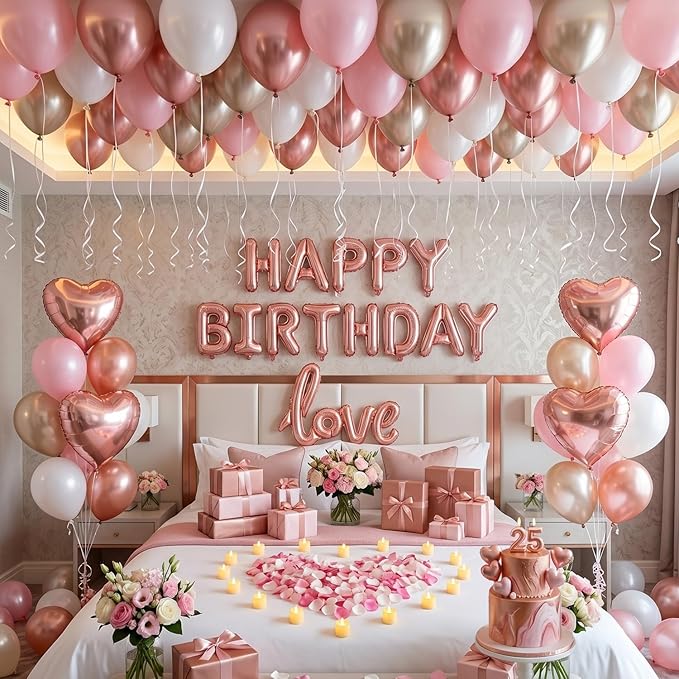Birthday Room Decorations for Women, Happy Birthday Hotel Room Decorations for Her with Rose Gold Balloons, LOVE Balloon, LED Candle Lights, Rose Petals, Girlfriend Pink Birthday Decorations Set