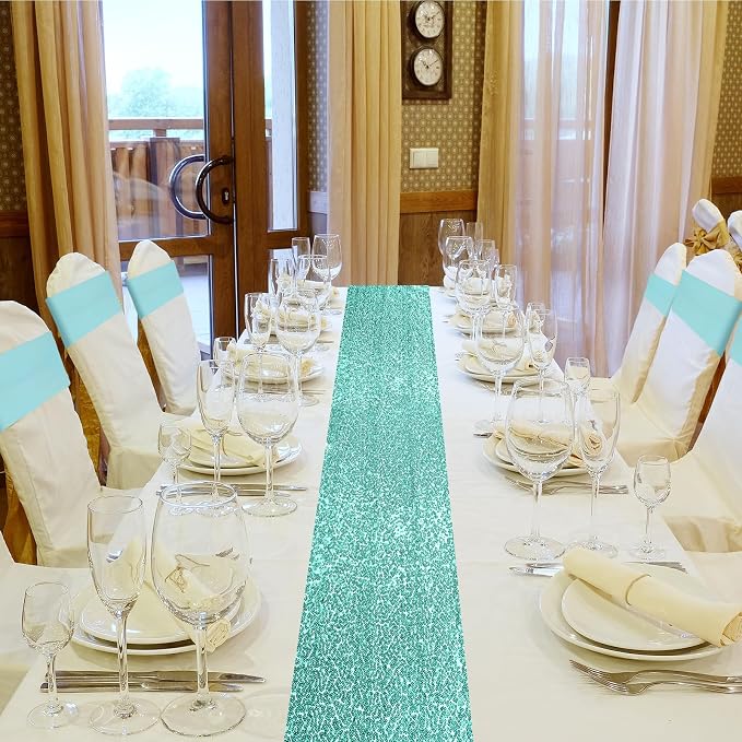 Newwiee 54 Pcs Light Blue Sequin Chair Sashes and Table Runners, 48 Sequin Chair Bows, 6 Glitter Table Runners for Birthday Party Wedding Banquet Holiday Decorations